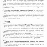 0629 - Page 559 - Analyses. Neurologie. Études spéciales. Cervelet / Protubérance et bulbe. Hémorragie protubérantielle mortelle consécutive à une fracture de l'étage antérieur du crâne, par R. Fontaine et J. De Girardier. Bulletins et mémoires de la Société nationale de chirurgie... / Tumeur bulbo-protubérantielle. Discussion du diagnostic, par Paul Vervaeck. Journal de neurologie et de psychiatrie... / Moelle. Les tumeurs de la moelle, clinique, chirurgie, radiologie (I tumori del midollospinale), rapports de Ferruccio Schupfer..., Leonardo Dominici... et Massimiliano Gortan... XXXIVe Congrès italien de médecine interne... / Méningiome dorsal (Fibro-endothéliome méningé), opération, mort, commentaires (Meningioma dorsal (fibro-endotelioma meningeo), operacion, muerte, comentarios), par Lucas Sierra et H. Lea-Plaza. Revista medica de Chile... / Un cas d'arachnoïdite spinale opérée deux fois (Un caso de aracnoiditis espinal operada do veces), par Z. G. Chlenoff et S. V. Vodoguinskaya. Archivos argentinos de Neurologia...