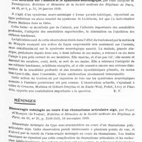 0631 - Page 561 - Analyses. Neurologie. Études spéciales. Moelle. Trois cas de cordotomie pour affection douloureuse et incurable des membres inférieurs, par Georges Leclerc. Bulletins et mémoires de la Société nationale de chirurgie... / Syndrome neuro-anémique traité par l'ingestion de foie. Action simultanée et très favorable sur l'anémie et le syndrome neurologique, par Paul Jacquet et Desbuquois. Bulletins et mémoires de la Société médicale des hôpitaux de Paris... / Méninges. Hémorragie méningée au cours d'un rhumatisme articulaire aigu, par Plazy et Marçon... Bulletins et mémoires de la Société médicale des hôpitaux de Paris...