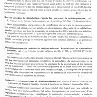 0633 - Page 563 - Analyses. Neurologie. Études spéciales. Méninges. A propos du traitement des méningococcémies, par F. Coste. Paris médical... / Sur un procédé de désinfection rapide des porteurs de méningocoques, par J. Reilly et F. Coste. Paris médical... / Ménoméningococcie (méningite cérébro-spinale). Acquisitions et discussions récentes, par J.-A. Sicard. Monde médical... / Infection méningococcique et rachi-anesthésie, par Maurice Perrin, Vezeaux de Lavergne et Maurice Poirier. Société de médecine de Nancy... / Chimiothérapie de la septicémie méningococcique subaiguë (forme pseudo-palustre) par les injections intraveineuses de trypaflavine, par Darré, Albot, Berdet et Lafaille, Société de biologie...