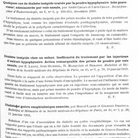 0639 - Page 569 - Analyses. Neurologie. Études spéciales. Glandes à sécrétion interne et syndromes glandulaires. Maladies cutanées d'origine endocrinienne. Altérations semblables à la pécilodermie en connexion avec un arrêt de développement des glandes sexuelles et la dystrophie adiposo-génitale (Skin diseases of endocrine origin, dyshormonal dermatoses. Poikiloderma-like changes in connection with underdevelopment of the sexual glands and dystrophia adiposogenitalis), par Bruno Bloch et H. Staufer... Archives of Dermatology and Syphilology... / Quelques cas de diabète insipide traités par la poudre hypophysaire (lobe postérieur) administrée par voie nasale, par André Choay et Lucie Choay. Revue française d'endocrinologie... / Diabète insipide chez un enfant. Inefficacité du traitement par les injections d'extrait hypophysaire. Action remarquable des prises de poudre par voie nasale, par E. Lesné, Jean Hutinel, R. Marquézy et Benoist. Bulletins et mémoires de la Société médicale des hôpitaux de Paris... / Diabète et goitre exophtalmique associés, par Marcel Labbé et Gilbert-Dreyfus. Bulletins et mémoires de la Société médicale des hôpitaux de Paris...