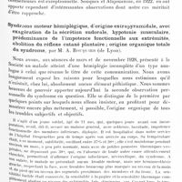 0721 - Page 651 - Société de neurologie de Paris. Séance du 10 avril 1929. Communications et présentations. Hoquet avec hémisyndrome cérébelleux et bulbaire de nature névraxitique, par M. L. Rimpaud et J. Chardonneau / Syndrome moteur hémiplégique, d'origine extrapyramidale, avec exagération de la sécrétion sudorale, hypotonie musculaire, prédominance de l'impotence fonctionnelle aux extrémités, abolition du réflexe cutané plantaire ; origine organique totale du syndrome, par M. A. Rouquier...