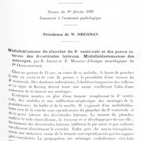 0725 - Page 655 - Société de neurologie de Varsovie. Séance du 1er février 1929. Consacrée à l'anatomie pathologique. Médulloblastome du plancher du 4e ventricule et des parois internes des diverticules latéraux. Médulloblastomatose des méninges, par R. Arend et Z. Messing (Clinique neurologique du Pr Orzechowski)