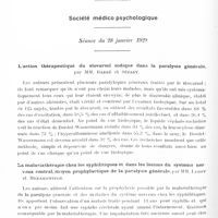0730 - Page 660 - Sociétés. Société médico psychologique. Séance du 28 janvier 1929. L'action thérapeutique du stovarsol sodique dans la paralysie générale, par MM. Barbé et Sézary / La malariathérapie chez les syphilitiques et dans les lésions du système nerveux central, moyen prophylactique de la paralysie générale, par MM. Leroy et Medakowitch