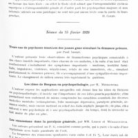 0731 - Page 661 - Sociétés. Société médico psychologique. Séance du 28 janvier 1929. Réaction antisociale psychopathique et accidents du travail. Responsabilité civile, par MM. H. Beaudoin et A. Dumpont / Séance du 25 février 1929. Trois cas de psychoses émotives des jeunes gens simulant la démence précoce, par Paul Abely / Les idées de Bergson en psychopathologie, par M. Minkowski / Les rémissions dans la paralysie générale, par MM. Leroy et Médakovitch