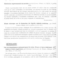 0744 - Page 674 - Analyses. Neurologie. Études générales. Physiologie. Survenue de troubles trophiques au cours de paralysies herpétiques expérimentales, par P. Teissier, P. Gastinel et J. Reilly. Société de biologie... / Excitation expérimentale du cervelet, par feu Clarke. Brain... / Etude chimique sur la formation du liquide céphalo-rachidien, par Henry Cohen. Brain... / Sémiologie. Les correspondances métamériques du corps. Pouce et lèvre inférieure, auriculaire et lèvre supérieure, par Giuseppe Calligaris... Biologie médicale...