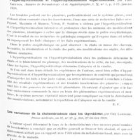 0777 - Page 707 - Analyses. Neurologie. Études spéciales. Glandes à sécrétion interne et syndromes glandulaires. L'action du calcium sur les glandes endocrines, recherches pondérales et histologiques (L'azione del calcio sulle ghiandole endocrine. Ricerche ponderali ed istologiche), par Giorgio Schreiber. Archivio di Scienze biologiche... / Les troubles des phanères dans le syndrome de Basedow. Leur réalisation par l'hyperthyroïdisation et l'hyperthyroxinisation expérimentales, par Paul Sainton. Annales de dermatologie et de syphiligraphie... / Les variations de la cholestérinémie chez les thyroïdiens, par Guy Laroche. Presse médicale...