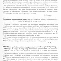 0781 - Page 711 - Analyses. Neurologie. Études spéciales. Infections et intoxications. Virus de l'encéphalite, inclusions cellulaires (névraxe, foie, rein), par M. Jean Dechaume. Société médicale des hôpitaux de Lyon... / Considérations sur un cas de névraxite infectieuse disséminée (Considerazioni su un caso di neurassite infettiva disseminata), par G. Giordano et Luisa Levi. Rivista di Neurologia... / Encéphalite épidémique du renard, par MM. Green et Ziegler... Société de biologie... / Le problème général des crises oculogyres au cours de l'encéphalite épidémique chronique. A propos de vingt-cinq observations personnelles, par René Delbeke et Ludo Van Bogaert. Encéphale...