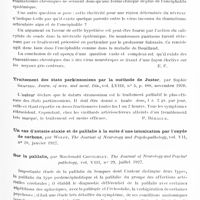 0785 - Page 715 - Analyses. Neurologie. Études spéciales. Infections et intoxications. Rhumatisme chronique et états parkinsoniens, par Jacques Carles et Massière... Presse médicale... / Traitement des états parkinsoniens par la méthode de Juster, par Sophie Shapiro. Journ. of nerv. and ment. Dis... / Sur la palilalie, par Macdonald Cristchley. The Journal of Neurology and Psychopathology... / Analyse clinique d'un syndrome extrapyramidal ; la paralysie agitante et le parkinsonisme postencéphalitique, par A.-W. Young. The Journal of Neurology and Psychopathologie...