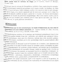 0911 - Page 841 - Analyses. Neurologie. Études générales. Pathologie générale. Contribution à l'étude expérimentale du mécanisme pathogénique de la parasyphilis, par G. Levaditi, Lépine et V. Sanchis-Bayarri, Paris-médical... / Exaltation de la virulence pour le lapin d'une souche herpéto-encéphalitique ayant passé dans le cerveau du singe, par P. Lépine. Société de biologie... / Sémiologie. Considérations sur le rire automatique. Le stade d'élaboration du rire chez le nourrisson et le rire réflexe associatif, par Lucien Cornil et Jean Pacaud. Paris médical...