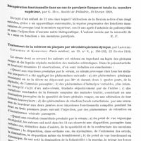 0923 - Page 853 - Analyses. Neurologie. Études spéciales. Moelle. Etude clinico-thérapeutique et anatomo-pathologique sur l'épidermie de paralysie infantile qui a sévi en Roumanie pendant l'année 1927, par G. Marinesco, M. Manicatide et State-Draganesco... Annales de l'Institut Pasteur... / Récupération fonctionnelle dans un cas de paralysie flasque et totale du membre supérieur, par G. Huc. Société de pédiatrie... / Traitement de la sclérose en plaques par sérothérapie hémolytique, par Laignel-Lavastine et Koressios. Paris médical...
