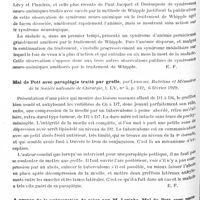 0924 - Page 854 - Analyses. Neurologie. Études spéciales. Moelle. Traitement de la sclérose en plaques par sérothérapie hémolytique, par Laignel-Lavastine et Koressios. Paris médical... / Syndrome neuro-anémique. Action dissociée du traitement de Whipple qui impressionne favorablement l'anémie mais est sans action sur le syndrome neurologique, par R. Picard... Bulletins et mémoires de la Société médicale des hôpitaux de Paris... / Mal de Pott avec paraplégie traité par greffe, par Leriche. Bulletins et mémoires de la Société nationale de chirurgie... / A propos de la présentation de pièce par M. Leriche. Mal de Pott avec paraplégie traité par greffe, par Etienne Sorrel. Bulletins et mémoires de la Société nationale de chirurgie...