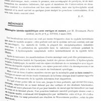 0925 - Page 855 - Analyses. Neurologie. Études spéciales. Moelle. Sur le traitement du spina-bifida, par Le Fort. Réunion médico-chirurgicale des hôpitaux de Lille... / Méninges. Méningite hérédo-syphilitique avec vertiges et sueurs, par H. Eschbach. Paris médical...