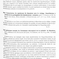 0929 - Page 859 - Analyses. Neurologie. Études spéciales. Glandes à sécrétion interne et syndromes glandulaires. La cachexie de croissance, syndrome pluriglandulaire avec participation pancréatique. Action favorable de l'insuline, par Etienne May et F. Layani. Bulletins et mémoires de la Société médicale des hôpitaux de Paris... / Sur l'association du syndrome de Basedow avec le vitiligo. Contribution à l'étude de la pathogénie des dyschromies cutanées, par C. I. Parhon et M. de Revici..., Revue française d'endocrinologie... / Les principes actuels du traitement chirurgical de la maladie de Basedow, par L. Bérard et R. Peycelon... Vie médicale... / Le traitement du syndrome de Graves-Basedow, par l'électrothérapie, par L. Delherm et Henri Beau. Vie médicale...