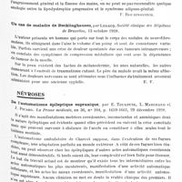 0939 - Page 869 - Analyses. Neurologie. Études spéciales. Dystrophies. De la lipodystrophie progressive, par M. J. Sereiski... Sbornik po psychonevrologuii... / Un cas de maladie de Recklinghausen, par Ledecq. Société clinique des hôpitaux de Bruxelles... / Névroses. De l'automatisme épileptique eupraxique, par E. Toulouse, L. Marchand et J. Picard. La Presse médicale...