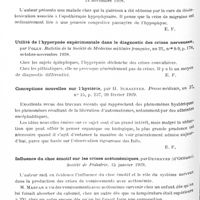 0944 - Page 874 - Analyses. Neurologie. Études spéciales. Névroses. Crises hystériques et pithiatisme, par René Bénard. Bulletins et mémoires de la Société médicale des hôpitaux de Paris... / Traitement de la migraine, par Sédillot. Société de médecine de Paris... / Utilité de l'hyperpnée expérimentale dans le diagnostic des crises nerveuses, par Folly. Bulletin de la Société de médecine militaire française... / Conceptions nouvelles sur l'hystérie, par H. Schaeffer. Presse médicale... / Influence du choc émotif sur les crises acétonémiques, par Deshayes... Société de pédiatrie... / Les tics et les phénomènes analogues, par Kinner Wilson. The Journal of Neurology and Pathology...