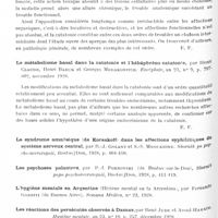 0948 - Page 878 - Analyses. Psychiatrie. Études générales. Sémiologie. La catatonie. Etude clinique et physiologie pathologique, par Henri Claude et H. Baruk. La Presse médicale... / Le métabolisme basal dans la catatonie et l'hébéphréno-catatonie, par Henri Claude, Henri Baruk et Georges Medakovithc. Encéphale... / Les réactions des persécutés observés à Damas, par René Jude et Assad Hakkim. Hygiène mentale...