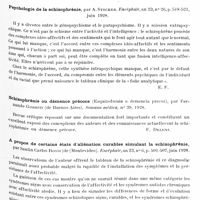0957 - Page 887 - Analyses. Psychiatrie. Études spéciales. Psychoses constitutionnelles. La cholestérinurie chez les déments précoces (La colesterinuria nei dementi precoci), par A. Pinto. Annali di Nevrologia... / Psychologie de la schizophrénie, par A. Stocker. Encéphale... / Schizophrénie ou démence précoce (Esquizofrenia o demencia precoz), par Fernando Gorriti... Semana médica... / A propos de certains états d'aliénation curables simulant la schizophrénie, par Santin Carlos Rossi... Encéphale... / Contribution à la malariathérapie de la shizophrénie (Contributo alla malariaterapia della schizofrenia), par Levi-Bianchini et J. Nardi. Archivio generale di Neurologia. Psichiatria e Psicoanalisi...