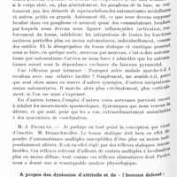 1036 - Page 966 - Xe Réunion neurologique internationale annuelle. 3-6 juin 1929. Séance du mardi 4 juin (matin). Un cas de spasme de torsion fruste, par M. H. Brunschweiler... / A propos des dystonies d'attitude et de « l'homme debout » vu par F. Froment, par A. Thevenard