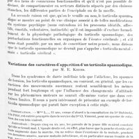 1103 - Page 1033 - Xe Réunion neurologique internationale annuelle. 3-6 juin 1929. Séance du mardi 4 juin 1929 (après-midi). Remarques cliniques sur le torticolis spasmodique. Le torticolis cérébral, par M. Jean Lhermitte et Mlle Gabrielle Lévy / Variations des caractères d'apparition d'un torticolis spasmodique, par M. E. Krebs