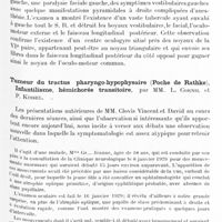 1250 - Page 1181 - Société de neurologie de Paris. Séance du 6 juin 1929. Sur deux cas de neurofibromatose, par M. A. Tolosa-Colomer..., présenté par M. B. Rodriguez-Arias / Un cas de paralysie latérale du regard. Contribution à l'étude des voies oculogyres, par M. P. Van Gehuchten... / Tumeur du tractus pharyngo-hypophysaire (Poche de Rathke). Infantilisme, hémichorée transitoire, par MM. L. Cornil et P. Kissel