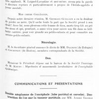 1262 - Page 1193 - Société de neurologie de Paris. Séance du 30 mai 1929. Allocution du Président / Nécrologie [MM. Dagnini ; Courtney] / Don / Communications et présentations. Double néoplasme de l'encéphale (lobe pariétal et cervelet). Destruction de l'os par la tumeur pariétale, par MM. André Thomas et Leconte