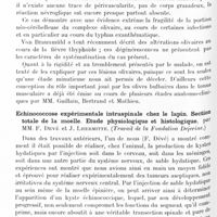 1299 - Page 1230 - Société de neurologie de Paris. Séance du 30 mai 1929. Communications et présentations. Dégénérescence aiguë du complexe olivaire néo-cérébelleux, secondaire à un cas de typhus exanthématique, par MM. Ivan Bertrand et Decourt / Echinococcose expérimentale intraspinale chez le lapin. Section totale de la moelle. Etude physiologique et histologique, par MM. F. Devé et J. Lhermitte. (Travail de la Fondation Dejerine)