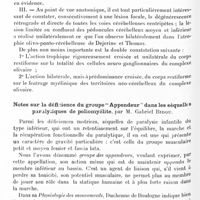 1341 - Page 1272 - Société de neurologie de Paris. Séance du 30 mai 1929. Addendum à la séance du 2 mai 1929. Étude anatomo-clinique d'un ramollissement cérébelleux frappant électivement les pédoncules moyen et inférieur d'un côté. Du rôle des artérites aiguës dans certains ramollissements des athéromateux, par MM. Georges Guillain, Th. Alajouanine, I. Bertrand, R. Garcin / Notes sur la déficience du groupe « Appendeur » dans les séquelles paralytiques de poliomyélite, par M. Gabriel Bidou