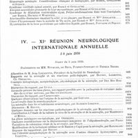 0010 - Page 6 - Année 1930. Tables du tome I. III. Réunion neurologique de Strasbourg / IV. XIe Réunion neurologique internationale annuelle