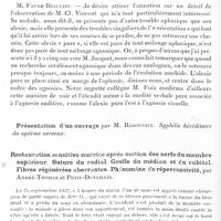 0108 - Page 56 - Société de neurologie de Paris. Séance du 9 janvier 1930. A propos du procès-verbal : sur l'alexie. Production du phénomène au cours de l'extirpation de la corne occipitale gauche, par MM. Clovis Vincent, M. David et P. Puech / Restauration sensitivo-motrice après section des nerfs du membre supérieur. Suture du radial. Greffe du médian et du cubital. Fibres régénérées aberrantes. Phénomène de répercussivité, par André-Thomas et Petit-Dutaillis