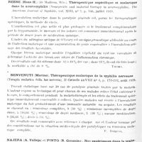 0186 - Page 134 - Analyses. Psychiatrie. Études générales. Sémiologie. Medea (E.)... Commentaires à propos de la malariathérapie dans la paralysie générale (commenti a proposito della malarioterapia nella paralisi progressiva). Il Policlinico, sezione pratica... / Lépine, Bourrat, Christhy et Larrivé. Indications, contre-indications et accidents de la malariathérapie chez les paralytiques généraux. Journal de médecine de Lyon... / Reese (Hans H.)... Thérapeutique aspécifique et malarique dans la neurosyphilis (Nonspecific and malarial therapy in neurosyphilis). The American Journal of Syphilitis... / Bernevuti (Marino). Thérapeutique malarique de la syphilis nerveuse (Terapia malarica della lue nervosa). Il Cerxello... / Najera (A. Vallejo) et Pinto (R. Gonzalez). Nos expériences dans le traitement de la paralysie générale par l'impaludisation. Monde médical...