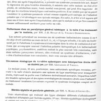 0344 - Page 292 - Sociétés. Société clinique de médecine mentale. Séance du 20 janvier 1930. Valeur des réactions de la syphilis dans le liquide céphalo-rachidien après une hémorragie méningée, par A. Courtois, Mlle Salamon et H. Pichard / Forme paranoïde de la paralysie générale, par MM. Targowla et Rubinovitch / Hallucinose chez un paralytique général tabétique à la suite d'un traitement par la malaria, par MM. J.-B. Buvat et G. Villrey-Desmeserets / Discussion étiologique de troubles aphasiques avec hémiparésie droite chez un diabétique, par MM. Chatagnon et Trelle / Hérédo-syphilis et paralysie générale, par MM. A. Marie et Henry Ey