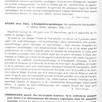 0350 - Page 298 - Analyses. Bibliographie. Calligaris (Guiseppe). Le système moteur extra pyramidal (Il sistema motorio extrapiramidale)... Milan 1927. Soc. An. Istituto editoriale scientifico / Stern (Prof. Félix). L'encéphalite épidémique (Die epidemische Encephalitis)..., Berlin, Springer, 1928... / Ombredane (André). Sur les troubles mentaux de la sclérose en plaques pour servir à la détermination des facteurs organiques dans les maladies mentales. Edition des Presses universitaires de France..., 1929