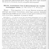 0532 - Page 480 - Réunion neurologique de Strasbourg (Filiale de la Société de neurologie de Paris). Séance du 16 novembre 1929. Considérations sur l'automatisme médullaire à propos d'un cas de section traumatique probablement complète de la moelle (première partie), par MM. J.-A. Barré, Jean Guillaume... et le Dr A. Subirana... (Résumé) / Rôle des traumatismes dans le déclanchement des troubles neurologiques latents, par MM. Barré et E. Woringer