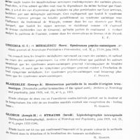 0589 - Page 537 - Analyses. Neurologie. Études spéciales. Moelle. Babonneix (L.) et Pollet (L.). Sur un cas de syndrome neuro-anémique. Gazette des hôpitaux... / Urechia (C.-I.) et Mihalescu (Savu). Syndromes psycho-anémiques. Archivio generale di Neurologia Psichiatria e Psicoanalisi... / Blakeslee (George-A). Hémisection partielle de la moelle d'origine traumatique. (Traumatic partial hemisection of the spinal cord.) Archives of Neurology and psychiatry... / Globus (Joseph-H.) et Strauss (Israël). Lipiodolographie intraspinale (Intraspinal Iodolography). Archives of Neurology and Psychiatry... / Harris (Wilfred) et Newcomb (Wilfrid-D.). Un cas de polynévrite hypertrophique interstitielle à rechutes. (A case of relapsing interstitial hypertrophic polyneuritis). Brain...