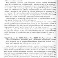 0596 - Page 544 - Analyses. Neurologie. Études spéciales. Infections et intoxications. Ravaut (Paul). Les deux grandes étapes de la neuro-syphilis. Période biologique, période clinique. Presse médicale... / Wolff (Harold-G.), Reed (William-P.) et Cobb (Stanley). Altérations des cellules interstitielles du cerveau dans l'intoxication morphinique. Changes in the interstitial cells of the brain with morphine intoxication. Archives of neurology and Psychiatry...