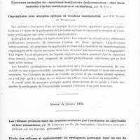 0721 - Page 667 - Sociétés. Société d'oto-neuro-ophtalmologie de Strasbourg. Séance de janvier 1930. De la thrombophlébite du sinus caverneux, par M. Weill / Oxycéphalie avec atrophie optique et troubles vestibulaires, par MM. Barré et Woringer / Séance de février 1930. Etude des réflexes et spécialement du nystagmus provoqué dans un cas de sommeil pathologique, par MM. Barré, Metzger et Kulmann