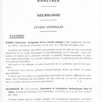 0723 - Page 669 - Analyses. Neurologie. Études générales. Anatomie. Poppi (Umberto). Irrigation de la courbe optique (Sulla irrigazione del talamo ottico). Rivista di Neurologia... / Glorieux (P.)... Anatomie et connexions thalamiques chez le chien. Journal de neurologie et de psychiatrie...