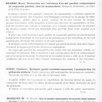 0724 - Page 670 - Analyses. Neurologie. Études générales. Anatomie. Glorieux (P.)... Anatomie et connexions thalamiques chez le chien. Journal de neurologie et de psychiatrie... / Krabbe (Knud). Recherches sur l'existence d'un oeil pariétal rudimentaire (le corpuscule pariétal) chez les mammifères. Biologiske Meddelelser... / Poppi (Umberto). Quelques points contestés concernant l'anatomie fine du pédoncule cérébral (Punti controversi dell'anatomia fine del peduncolo cerebrale). Il Cervello... / Physiologie. Danielopolu et Proca. Sur la physiologie du ganglion étoilé. II. Réflexes amphotropes sino-carotidiens après extirpation unilatérale ou bilatérale du premier ganglion thoracique chez le chien, le coeur étant normal ou expérimentalement altéré (Arch. maladies du coeur...)