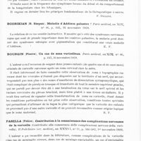 0731 - Page 677 - Analyses. Neurologie. Études générales. Infections et intoxications. Fabris (A.). Notes cliniques et thérapeutiques sur soixante et un cas de tétanos (Note cliniche et terapeutiche su 61 casi di tetano). Il Policlinico (sez medica)... / Bodrikian (R. Stepan). Maladie d'Addison palustre ? Paris médical... / Bourgin (Pierre). Un cas de zona varicelleux. Paris médical... / Fasella (Felice). Contribution à la connaissance des complications nerveuses de la varicelle (Contributo alla conoscenza delle complicazioni nervose della varicella). Il Policlinico (sez. medica)...