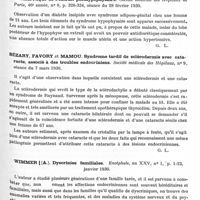 0891 - Page 837 - Analyses. Neurologie. Études spéciales. Glandes à sécrétion interne et syndromes glandulaires. Paisseau et Oumansky. Syndrome hypophysaire avec cirrhose du foie et splénomégalie. Société médicale des hôpitaux de Paris... / Labbé (Marcel), Boulin, Azerad, Justin-Besançon et Simonnet. Diabète insipide et syndrome adiposo-génital. Recherches sur le principe antidiurétique de l'extrait posthypophysaire. Société médicale des hôpitaux de Paris... / Sézary, Favory et Mamou. Syndrome tardif de sclérodermie avec cataracte, associé à des troubles endocriniens. Société médicale des hôpitaux... / Wimmer (A.). Dyscrinies familiales. Encéphale... / Pfanner (A.). Mongolisme et syndrome de Citelli (Mongolismo e sindrome del Citelli). Bollettino della Società Medica Luehccse...