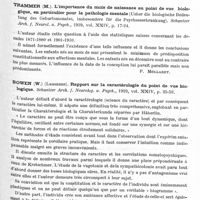 0893 - Page 839 - Analyses. Psychiatrie. Études générales. Bersot (H.). La statistique des aliénés en Suisse en 1926 (Schweizer Arch. f. Neurol. u. Psych...) / Trammer (M.). L'importance du mois de naissance au point de vue biologique, en particulier pour la pathologie mentale (Ueber die biologische Bedeutung des Geburtsmonates, insbesondere für die Psychoseerkrankung). Schweizer Arch. f. Neurol. u. Psych... / Bowen (W.)... Rapport sur la caractérologie du point de vue biologique. Schweizer Arch. f. Neurolog. u. Psych... / Radovici (H.). Sur les rapports de l'hystérie avec les maladies organiques du système nerveux. IXe Congrès de la Société roumaine de neurol., psychiatr., psychol. et endocrinol...