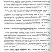 0898 - Page 844 - Analyses. Psychiatrie. Études générales. Manicatide... Amélioration psychique d'un cas d'idiotie microcéphalique à la suite d'une fracture multiple du crâne. IXe Congrès de la soc. roumaine de neurol., psychiatr., psychol. et endocrinologie... / Cunha-Lopes (I.). Le syndrome hydrodipsomaniaque. Encéphale... / Divry (P.) et Moreau (M.). A propos de la catatonie tardive. Journal de neurologie et de psychiatrie... / Benon (R.). La confusion mentale traumatique. Gazette des hôpitaux... / Sandri (Plinio). Un cas d'alternance entre l'asthme des foins et la psychose maniaque dépressive (Un caso di alternanza tra asma da fieno e psicosi maniaco-depressiva). Rivista di Patologia nervosa e mentale...