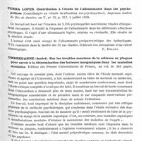 0899 - Page 845 - Analyses. Psychiatrie. Études générales. Minkowski (E.). Jalousie pathologique sur un fond d'automatisme mental. Annales médico-psychologiques... / Cunha Lopes. Contribution à l'étude de l'albuminurie dans les psychopathies (Contribuiçào ao estudo da albumina nos psychopathas). Imprensa medica do Rio de Janeiro... / Ombredanne (André). Sur les troubles mentaux de la sclérose en plaques pour servir à la détermination des facteurs inorganiques dans les maladies mentales. Edition des Presses Universitaires de France...