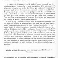 1306 - Page 1252 - Société de neurologie de Paris. Séance du 22 mai 1930. Ramollissement rétro-olivaire de l'hémibulbe droit. Nystagmus rotatoire antihoraire. Syndrome sympathique. Voies sympathiques bulbaires, par MM. André-Thomas, Hamet et Bars / Scwannome du trijumeau rétrogassérien. Ablation. Guérison, par MM. Alajouanine, De Martel, Oberling et Guillaume