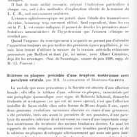 0147 - Page 84 - Société de neurologie de Paris. Séance du 8 janvier 1931. Sur quelques caractères particuliers de l'hypertension intracrânienne dans les traumatismes crâniens, par M. Marcel Arnaud (Présenté par M. Clovis Vincent) / Sclérose en plaques précédée d'une éruption zostérienne avec paralysie crurale, par MM. Alajouanine et Bernard-Griffith