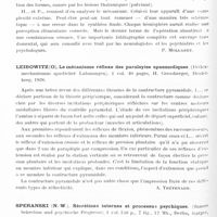 0159 - Page 96 - Analyses. Neurologie. Bibliographie. Hermann... et Potzl... L'allaesthésie optique. (Die optische allaesthesie)..., Berlin, Karger, édit., 1928 / Leibowitz (O). Le mécanisme réflexe des paralysies spasmodiques (Réflex-mechanismus spasticher Lahmungen)..., H. Grossberger, Heidelberg, 1928 / Speranski (N.-W). Sécrétions internes et processus psychiques. (Innere Sekretion und psychische Progresse)..., Berlin, Karger, 1929