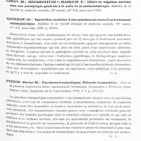 0180 - Page 117 - Analyses. Psychiatrie. Études générales. Courbon (M.). Apparition soudaine d'une psychose au cours d'un traitement antisyphilitique. Bulletin de la Société clinique de médecine mentale... /Pineor (Hector-M.). Psychoses traumatiques (Psicosis traumaticas). Actas de la primera conferencia latino americana de Neurologia, Psiquiatria y Medicina legal... / Claude (Henri). Mécanisme des hallucinations. Syndrome d'action extérieure. Encéphale...