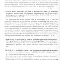0301 - Page 238 - Analyses. Neurologie. Études générales. Anatomie pathologique. Claude (Henri), Lhermitte (Jean) et Meignant (Paul). Le syndrome de rigidité postchoréique avec démence. Encéphale... / Claude (Henri), Lhermitte (Jean) et Meignant (Paul). Le syndrome de rigidité postchoréique avec démence. Considérations sur la physiologie pathologique des corps opto-striés (suite et fin). Encéphale... / Taft (A.-E.) et Ludlum (S.-Dew). Sur la nature de deux types de névroglie in J. of nervous and ment. Desease... / Toulouse, Marchand et Targowla. Constatations anatomo-pathologiques dans un cas de paralysie générale au début. Soc. anat...