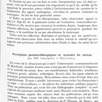 0410 - Page 347 - Société de neurologie de Paris. Séance du 5 mars 1931. Paralysie grave généralisée avec signes bulbaires et médullaires, consécutive à une injection de sérum antitétanique purifié, par M. Georges Bourguignon / Paralysies postsérothérapiques et maladie du sérum, par MM. Lhermitte et Hagueneau