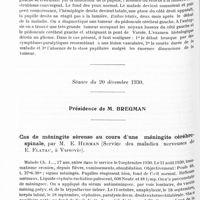 0433 - Page 370 - Société de neurologie de Varsovie. Séance du 6 décembre 1930. Un cas d'une énorme tumeur occupant les centres basaux, le pédoncule cérébral et atteignant le pont de Varole, par Mme Szpilman-Neuding (Service neurologique du Dr L. Bregman à l'Hôpital Czyste, à Varsovie) / Séance du 20 décembre 1930. Cas de méningite séreuse au cours d'une méningite cérébro-spinale, par M. E. Herman (Service des maladies nerveuses de E. Flatau, à Varsovie)